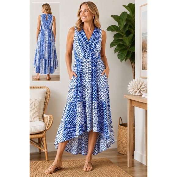 Tommy Bahama Dresses & Skirts - Tommy Bahama Blue White Geometric Tiered High-Low Maxi Dress Pockets XL SW621721